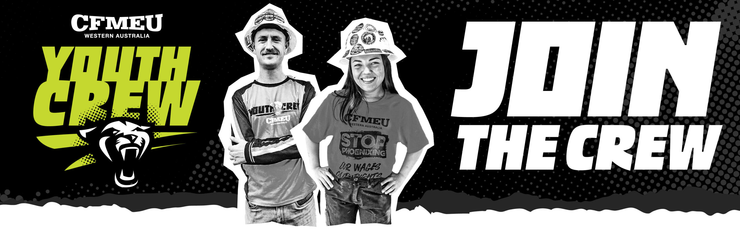 Promotional banner for CFMEU Western Australia Youth Crew with two young people and the bold text 'JOIN THE CREW'.