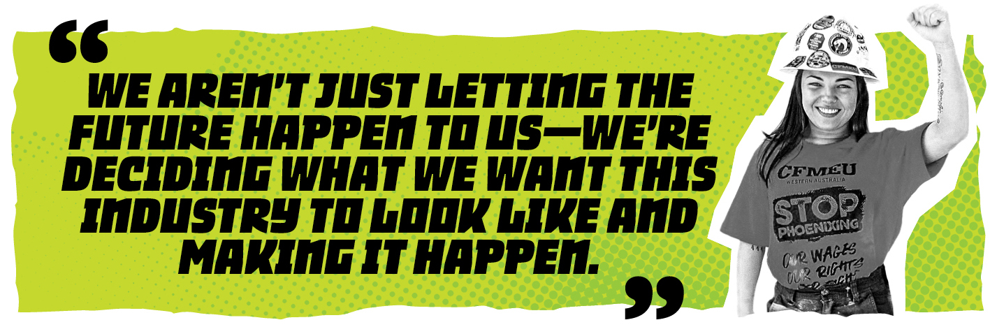 Bold lime banner with a motivational quote about shaping the industry’s future, featuring a smiling person in a helmet on the right.