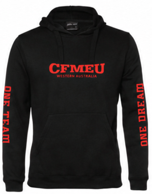 Black hoodie with red CFMEU Western Australia logo on the chest; red 'ONE TEAM' on the left sleeve and 'ONE DREAM' on the right sleeve.