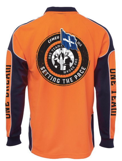 Back view of a bright orange sports jersey with navy sleeves; a circular patch on the back reads 'Setting the Pace' and features a small blue-and-white flag emblem overlaid.