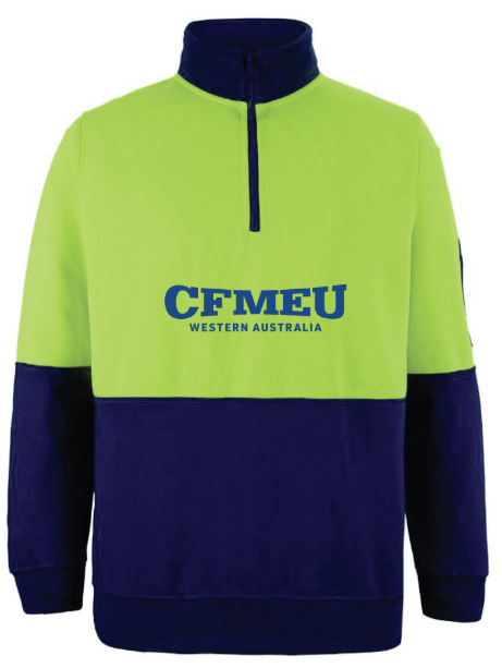 High-visibility lime and navy fleece pullover with quarter-zip and CFMEU Western Australia logo on chest
